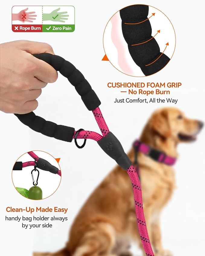 Joytale Dog Leash for Large Dogs, Heavy Duty Nylon Leashes with Comfortable Padded Handle and Highly Reflective Threads, Ideal for Walking and Training, Hotpink, 6'×1/2''
