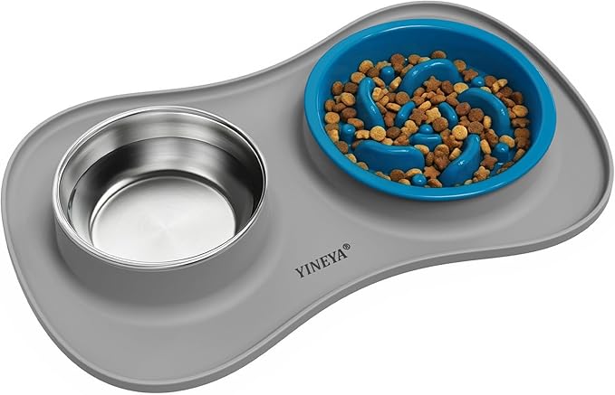 YINEYA 3 in 1 Slow Feeder Dog Bowls & Stainless Steel Food and Water Bowl with Non-Spill Dog Bowl Mat, Anti-Choking Puppy Bowls, Floor Safe & Easy Clean for Large Medium Small Dogs Cats