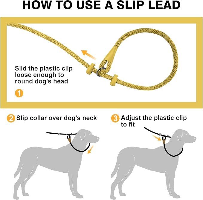 Lynxking Dog Leash Slip Lead Reflective Breathable Rope Comfortable Strong No Pull Slip On Pet Training Lead for Dogs (Yellow, Small 3/8 inch x 6ft)