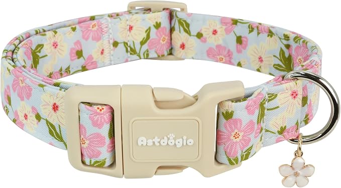 Dog Collar for Small Medium Large Dogs, Spring Blue Dog Collars with Pink & White Flowers, Adjustable Cotton Dog Collars, Cute Girl or Boy Dog Collar Ideal for Gifts,Pet Accessory,M