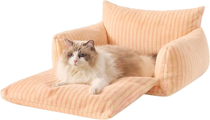 Hollypet Cat Bed Fluffy Plush Multifunctional Double-Layer Machine Washable Soft Warming Kitty Pet Couch Orthopedic Nest Beds for Small Cats Kitten and Dogs up to 13lbs, Pink Stripes(25x20x13 inch)