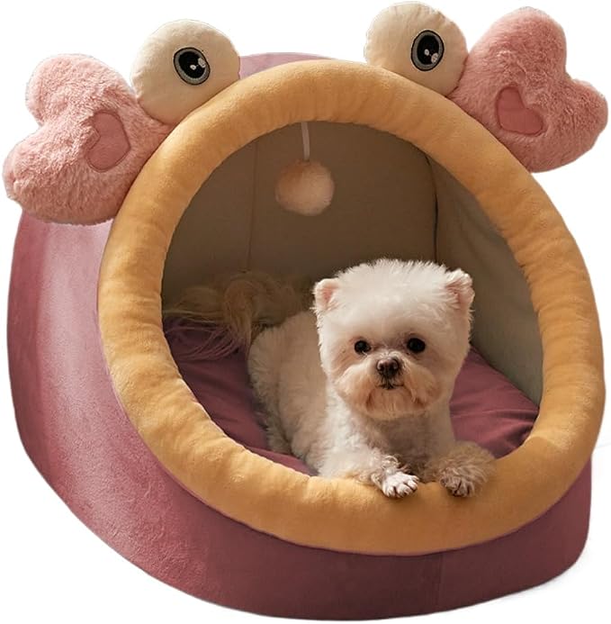 Warm Soft Cave Dog Bed & Cat Bed - Cute Indoor Pet Bed for Cats Up to 16 Lb, Small Dogs & Puppies, Cozy Cave Design for Cats and Puppies(Pink Crab,15.35''X12.2''X14.96'')