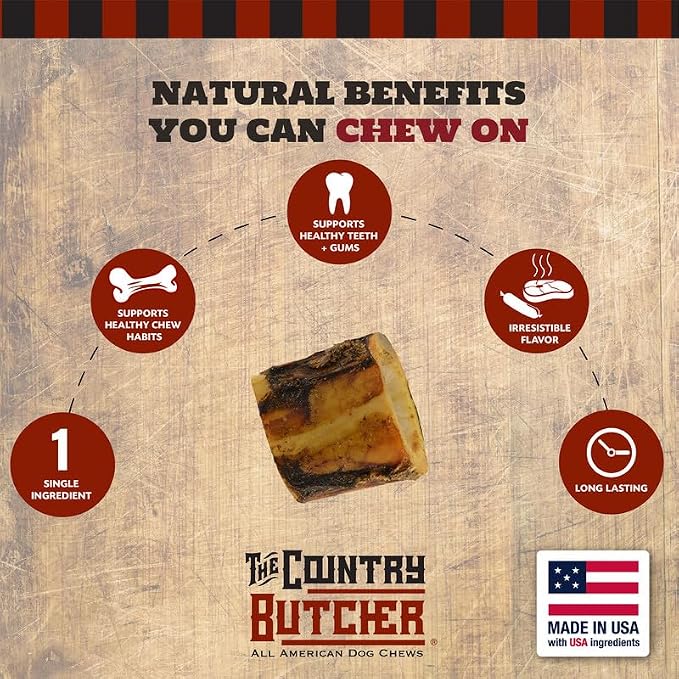 THE COUNTRY BUTCHER 2" Beef Marrow Dog Bones for Aggressive Chewers, Medium Breed Dog Treat, Natural, Tough, Chew Toy, Made in the USA, 12 Count