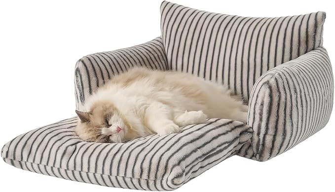 Hollypet Cat Bed Fluffy Plush Multifunctional Double-Layer Machine Washable Soft Warming Kitty Pet Couch Orthopedic Nest Beds for Small Cats Kitten and Dogs up to 13lbs, Gray Stripes(25x20x13in)