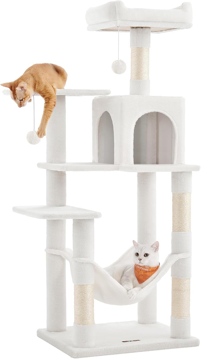 Feandrea Cat Tree, 54.2-Inch Cat Tower, Plush Multi-Level Condo with 4 Scratching Posts, 2 Perches, Hammock, Cave, Cream White UPCT161T01