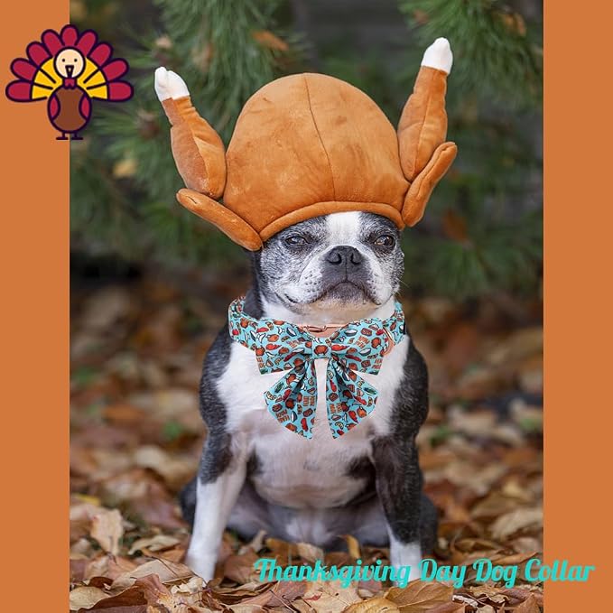 Unique Style Paws Thanksgiving Day Dog Collar with Bowtie Blue Turkey Cotton Puppy Collars for Small Medium Large Dogs
