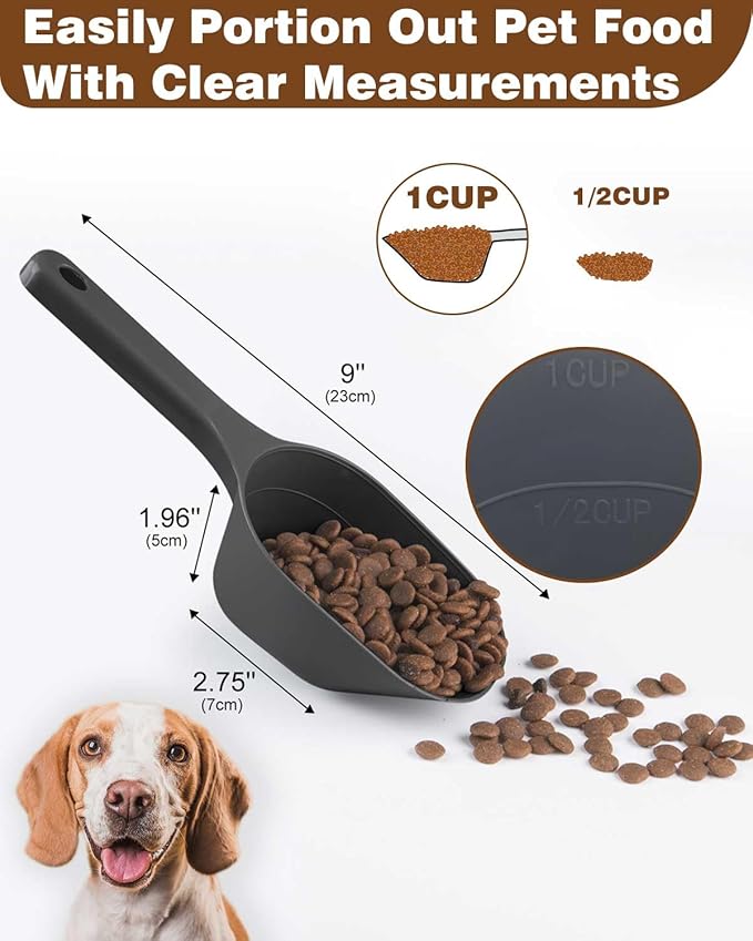 3PACK Dog-Cat Food-Scoop Measuring-Cup,1 Cup Capacity Versatile Plastic Pet Food Scoop with Measuring Lines 1 Cup and 1/2 Cup for Precise Portion Control (Black, Grey and Green)