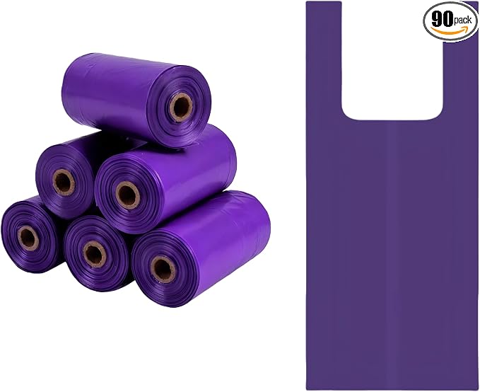 Purple T-Shirt Poop Bags with Easy-Tie Handles – Leak-Proof, Extra Thick Waste Bags for Small Dogs & Cats,6 Rolls (90 Count)