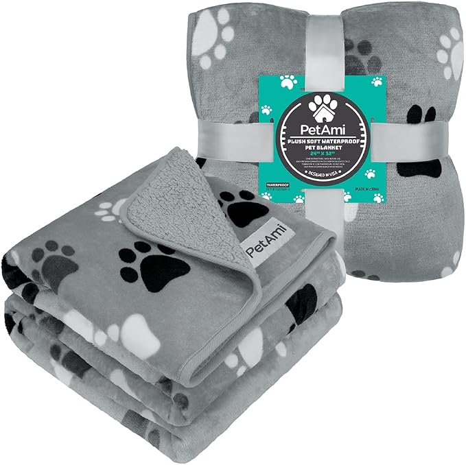 PETAMI Sherpa Fleece Waterproof CAT and Dog Blanket, PAW Gray, Small