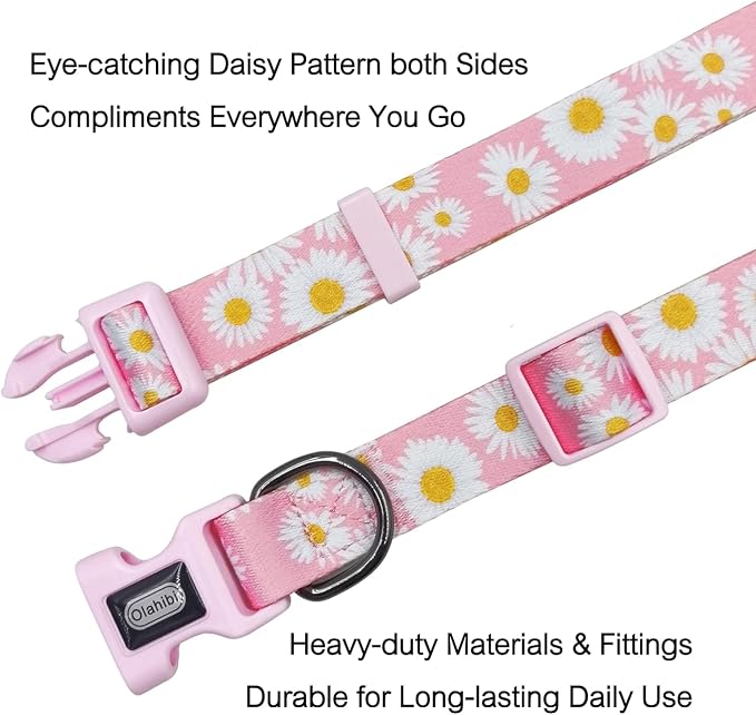 Dog Collar Leash Set, Floral Pattern, Polyester Material, Adjustable Collar and 5ft Matchcing Leash, for Puppy Dogs.(XS, Light Pink Daisy)