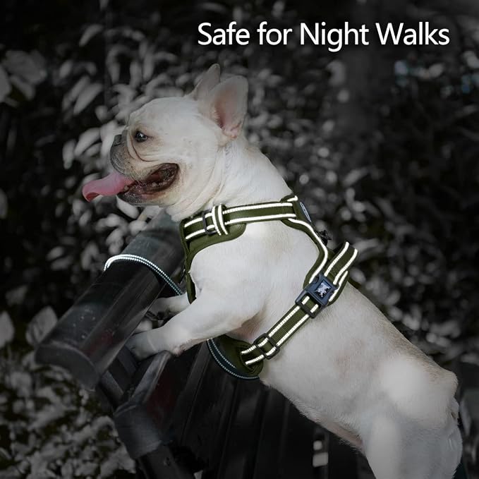 PoyPet No Pull Dog Harness, No Choke Reflective Dog Vest, Adjustable Pet Harnesses with Easy Control Padded Handle for Small Medium Large Dogs(Military Green,L)