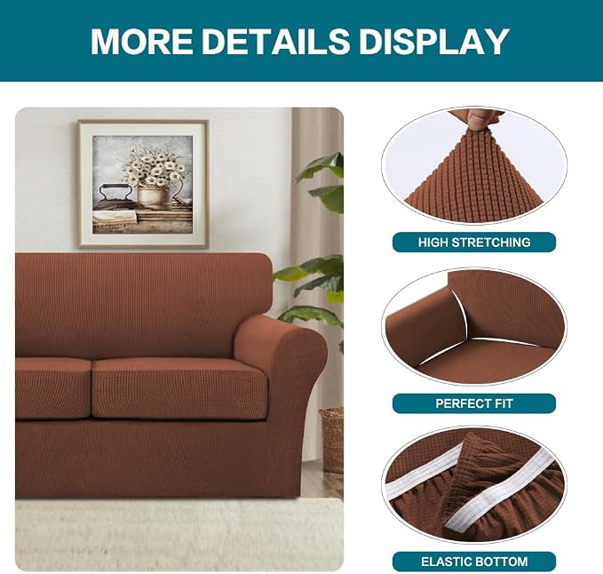 Turquoize 3 Piece Sofa Covers for 2 Cushion Couch Sofa Slipcover Soft Cover for Dogs-Washable Furniture Covers with 2 Individual Cushion Covers, Feature Jacquard Fabric(Loveseat, Caramel)