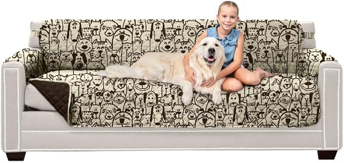 Sofa Shield® Couch Slip Covers for Dogs, Reversible Furniture Protector with Strap, Stain and Tear Resistant Cushion Cover, 78 inch Seat, Machine Washable Slipcover Pets, Cats, Chocolate Dog Print