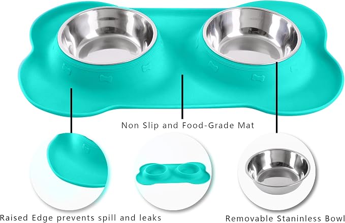 Hubulk Pet Dog Bowls 2 Stainless Steel Dog Bowl with No Spill Non-Skid Silicone Mat + Pet Food Scoop Water and Food Feeder Bowls for Feeding Small Medium Large Dogs Cats Puppies (Small, Mint Green)