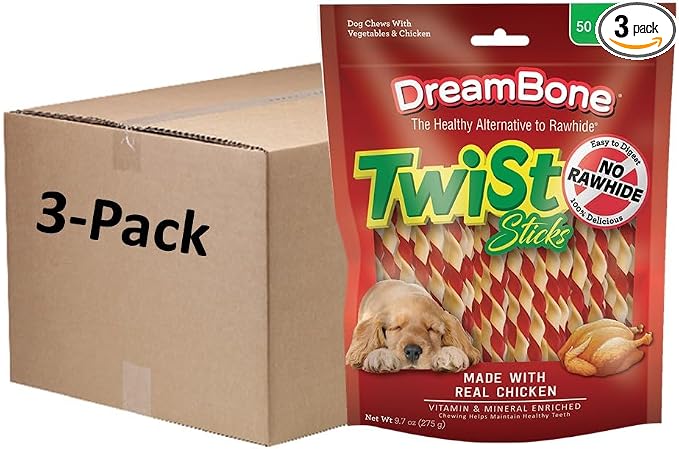 DreamBone Twist Sticks, Made with Real Chicken, Rawhide-Free Chews for Dogs, 50 Count (3 Pack)