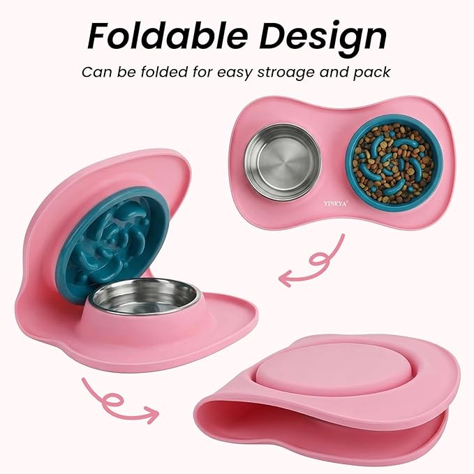 YINEYA 3 in 1 Slow Feeder Dog Bowls & Stainless Steel Food and Water Bowl with Non-Spill Dog Bowl Mat, Anti-Choking Puppy Bowls, Floor Safe & Easy Clean for Large Medium Small Dogs Cats