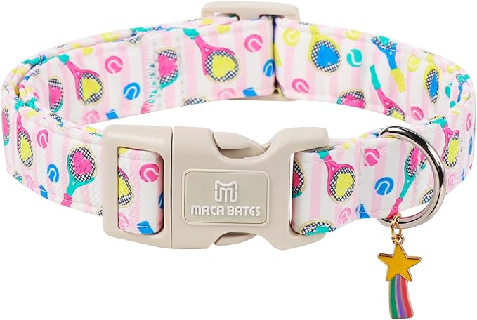 Maca Bates Dog Collar with Racket Charm for Extra Small Girl Boy Dogs,Tennis BowPattern,Pretty Adjustable Durable Collars Pink Gift for Male Female Puppy