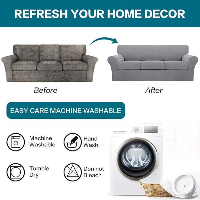 Turquoize 4 Piece Sofa Covers for 3 Cushion Couch Sofa Slipcover Soft Couch Cover for Dogs-Washable Sofa Furniture Covers with 3 Individual Large Cushion Covers (XL Sofa, Dove)