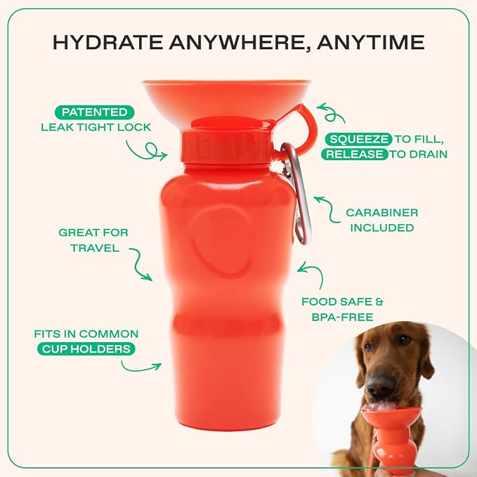 Springer Dog Water Bottle | Portable Travel Drinking Feeder Dispenser for Dogs & Puppies | As Seen on Shark Tank | Leak-Proof Bowl | BPA-Free | Outdoor Walking, Hiking & Travel | 22oz Classic Poppy