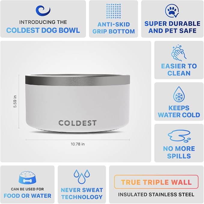 Coldest Dog Bowl - Anti Rust Metal, Non Slip, 3 Layers Insulated Stainless Steel Dog Bowls - Spill Proof & Heavy Duty - Water Bowl for Dogs, Cats & Pets, Dish Washer Safe (200 oz, Epic White)