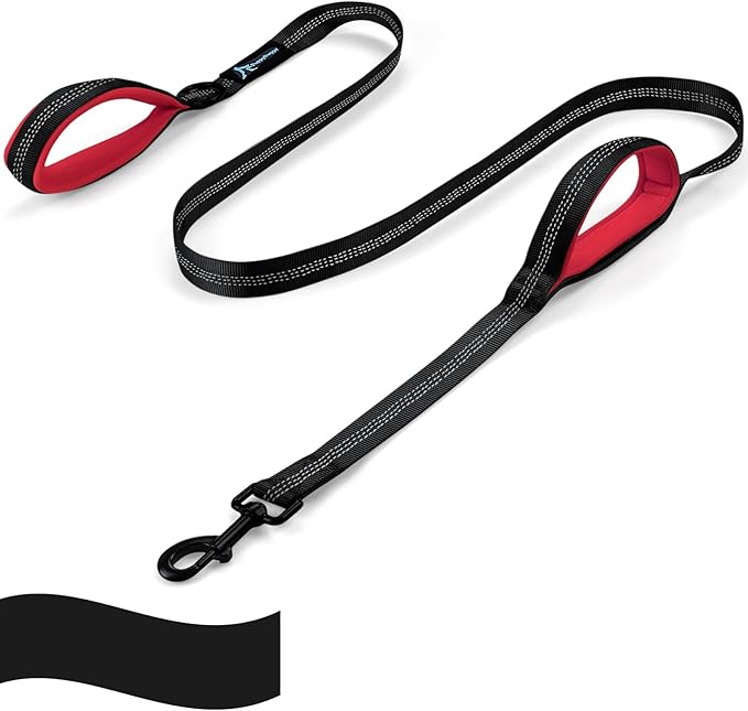 Dog Leash for Large Medium Dogs - 6 ft Reflective Stitching Pet Leash with 2 Traffic Padded Handles - Black 1 Pack
