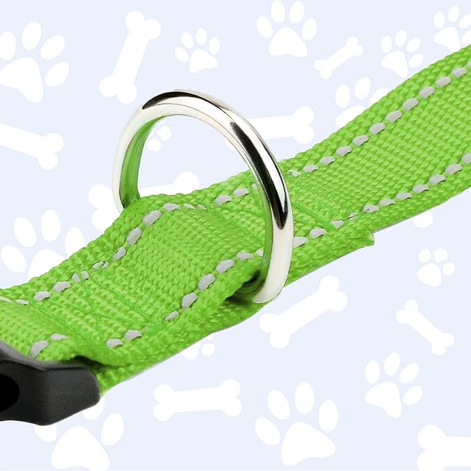 FunTags Length 8" - 12" Reflective Green Dog Collar for Puppy/Extra Small Dogs – Night Walking & Training Safety, Durable Quick Release Buckle, Nylon, Comfortable Adjustable, Width 3/8"