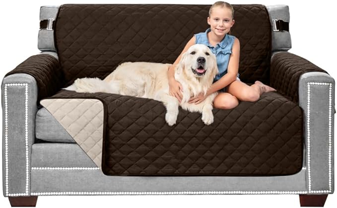 Sofa Shield® Couch Loveseat Covers for Dogs, Reversible Furniture Protector with Strap, Stain and Tear Resistant Cushion Cover, 54 inch Seat, Machine Washable Slipcover Pets, Cats, Chocolate Beige