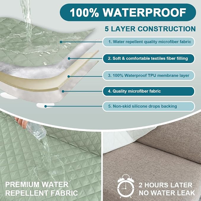 Turquoize 100% Waterproof Futon Cover Futon Slipcover Washable Armless Sofa Bed Slipcover Protector Seat Width Up to 70" with Adjustable Elastic Strap Anti-Slip for Dogs, Sage