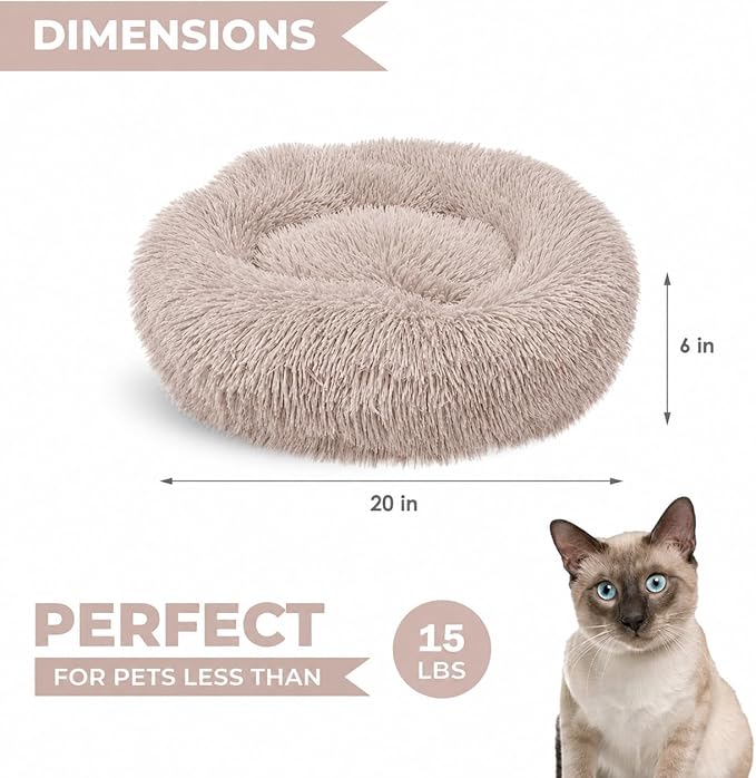 Whiskers & Friends Cat Beds for Indoor Cats, Fluffy Calming Donut Cat Bed, Small Dog Bed Washable - Orthopedic Soft Plush Pet Beds Sized for Kitten to Large Cats & Puppy to Small Dogs - Beige Brown