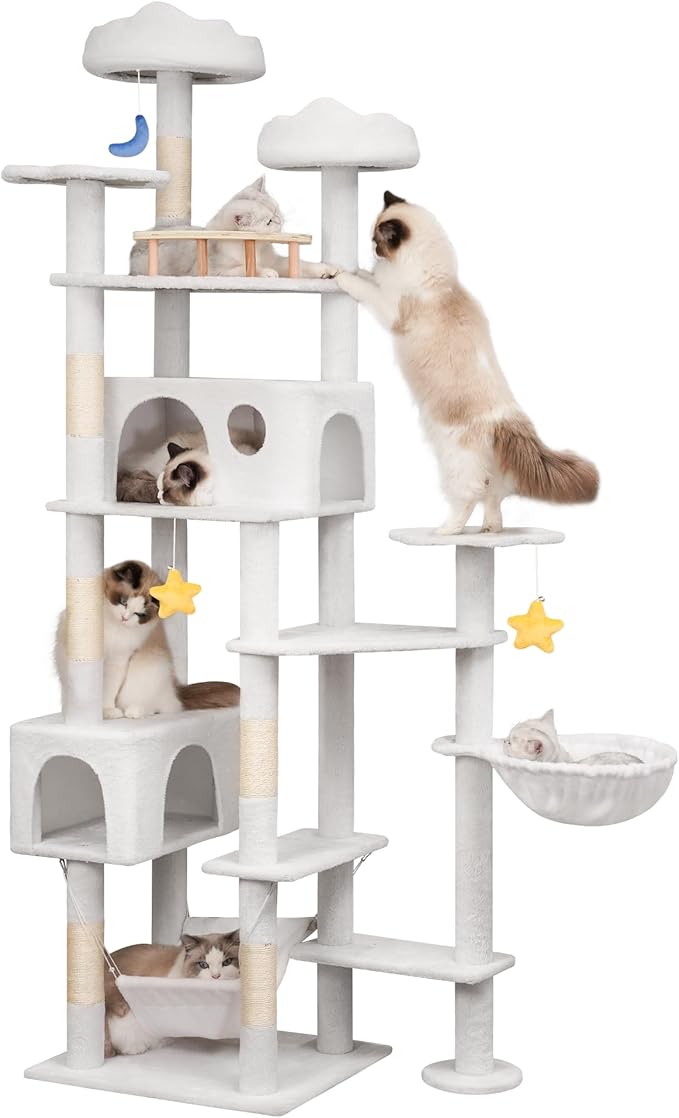 Meecal 79in Tall Cat Tower for Heavy Duty Big Cats, Large Cat Tree with Scratching Post, Plush Perches, Cozy Cat Condos & Hanging Hammocks for Maine Coon, White