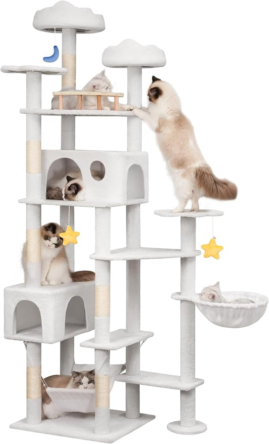 Meecal 79in Tall Cat Tower for Heavy Duty Big Cats, Large Cat Tree with Scratching Post, Plush Perches, Cozy Cat Condos & Hanging Hammocks for Maine Coon, White