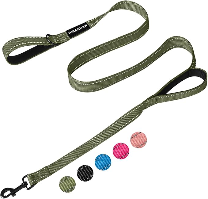 Reflective Dog Leash with Double Handle, Dog Leash 6 FT Long, Supports Medium, and Large Dogs, Heavy Duty for Walking, Running, and Training, Green