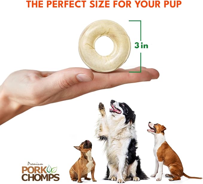 Pork Chomps Pressed Pork Skin Dog Chews, 2.5 Inch Rings, Real Chicken, 8 Count, Pack of 1 - Long-Lasting Treats for Dogs - High Protein, Rawhide-Free, Low Fat, Healthy & Delicious Chews