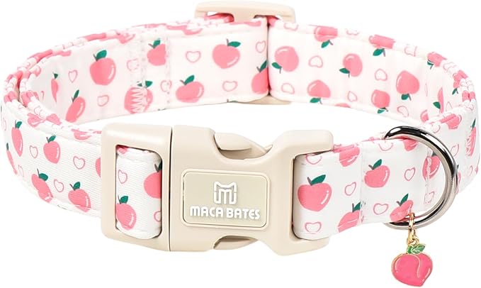 Maca Bates Basic Dog Collar with Peach Charm for Extra Small Girl Boy Dogs,Pink Cute Peaches Hearts Pattern,Pretty Adjustable Durable Collars,Gift for Male Female Puppy