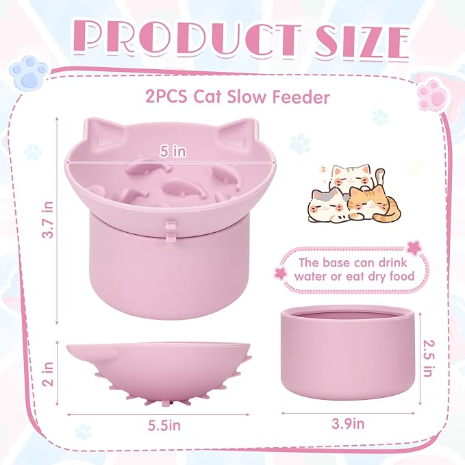 Funnymoom 2 Pack Silicone Cat Slow Feeder, Elevated Slow Feeder Cat Bowl for Dry and Wet Food, Tilted Design with Non Slip Base, Adjustable Angle for Pet(Pink and Blue)