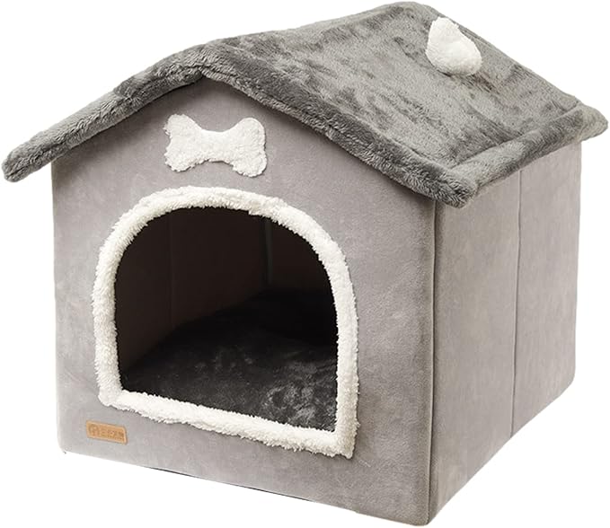 Cozy Plush Cave Bed Safe Haven for Small Pets - Foldable Kennel with Removable Washable Cover, Portable Indoor House with Sherpa Lining for Dogs Cats (Small)