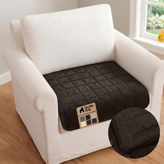 GORILLA GRIP Slip and Leak Resistant Plush Quilted Large Chair Cushion Cover Blanket, Soft Couch Covers for Sofa Dogs, Machine Washable Furniture Protector Pet Friendly Couches, Brown, 48x28 Inches
