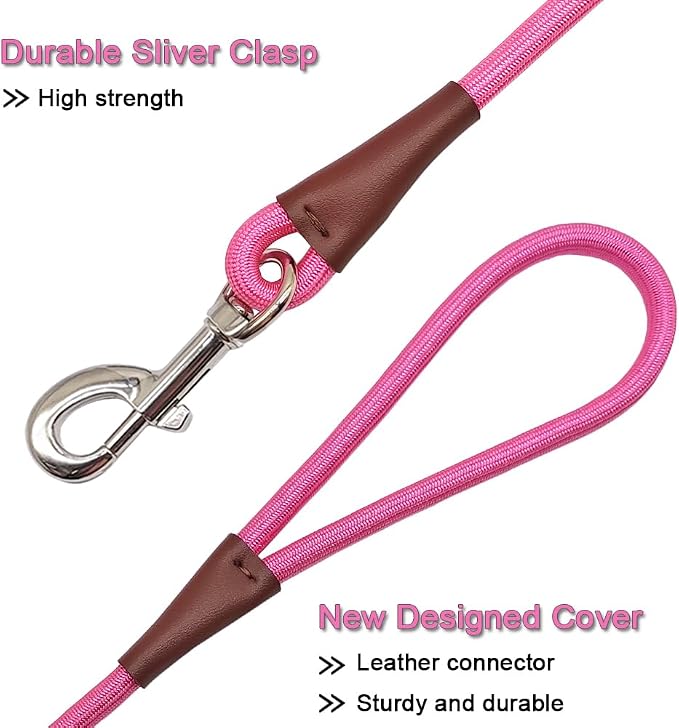 MayPaw 4/6 /8/10 FT Dog Leash, Classic Solid Colors, Strong Nylon Rope Dog Leash Reinforced with Leather Tailor Connection Heavy Duty Silver Clasp (Pink, 6ft*1/2")
