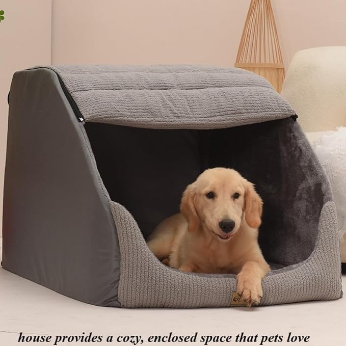Soft Plush Covered Dog Cave Bed - Large Size for Indoor Use, with Fluffy Washable Cushion, Portable Pet Tent House Suitable for Dogs & Cats(Gray,23.62''X15.75''X17.72'')