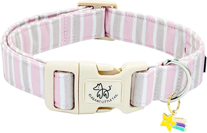 Elegant little tail Dog Collar, Cute Pink Strip Pattern Pet Collars Soft Girl or Boy Adjustable Cotton Puppy Collar with Quick Release Buckle for X-Small Puppy
