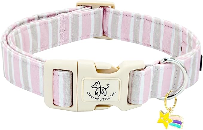Elegant little tail Dog Collar, Cute Pink Strip Pattern Pet Collars Soft Girl or Boy Adjustable Cotton Puppy Collar with Quick Release Buckle for Large Dogs