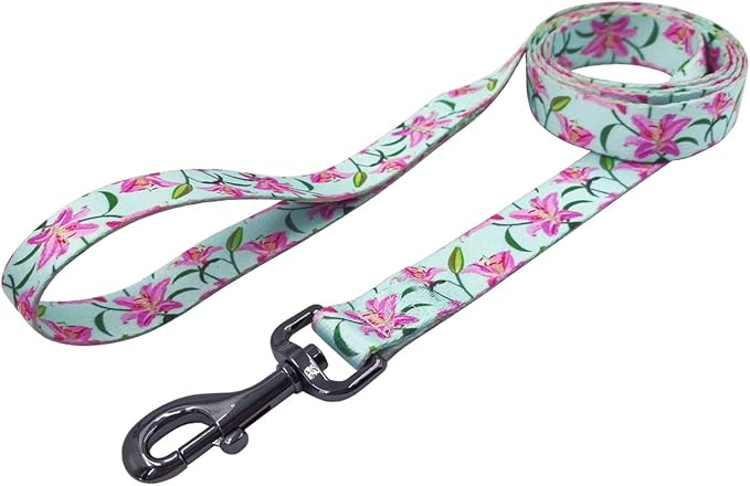 Dog Collar Leash Set, Floral Pattern, Polyester Material, Adjustable Collar and 5ft Matchcing Leash, for Medium Dogs.(M, Green Lily)