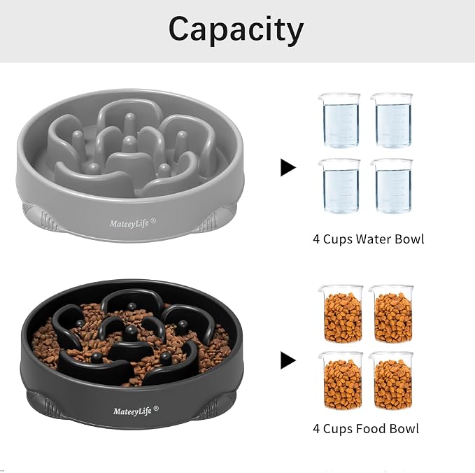 MateeyLife Large Slow Feeder Dog Bowls 2PCS, Anti-Choking Puzzle Dog Food Bowls, Anti-Slip Interactive Feeding Slow Down Eating, Bloat Stop Maze Dishes for Large Breeds 4 Cups Gray&Black