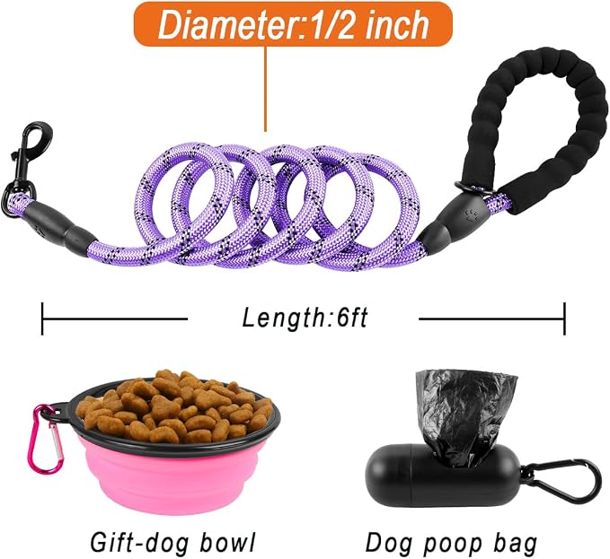 BARKBAY Dog Leashes for Large Dogs Heavy Duty Dog Leash 4/5/6 FT with Comfortable Padded Handle and Highly Reflective Threads for Medium Large Dogs Walking Training Running (6FT-1/2,Violet Purple)