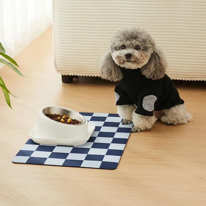 Checkered Dog Feeding Mat, Absorbent Mats for Dog Food and Water Bowl, Dispenser, Retro Aesthetic Navy Blue Checkerboard Pet Placemat for Dogs, Cats, Puppy Accessories, 12" X 19”