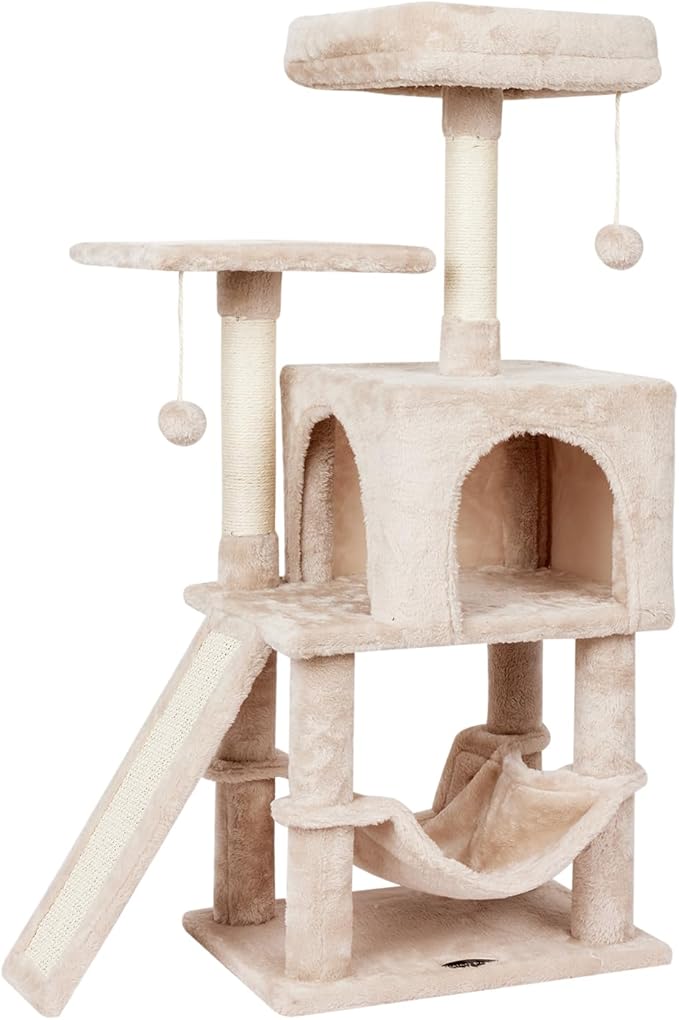 Cute Cat Tree Tower for Indoor Cat Tower with Scratching Post Modern Activity House Hammock Hanging Ball Condo with Board Beige