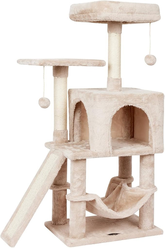 Cute Cat Tree Tower for Indoor Cat Tower with Scratching Post Modern Activity House Hammock Hanging Ball Condo with Board Beige