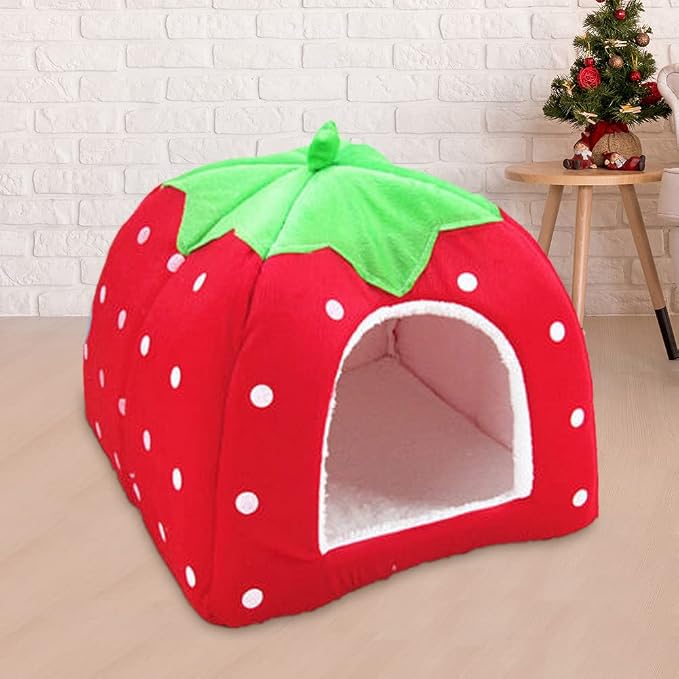 Strawberry Plush Pets House Washable Pets Cave Sofa Half-Closed Fluffy Dogs Room Soft Puppy House for Winter Indoor