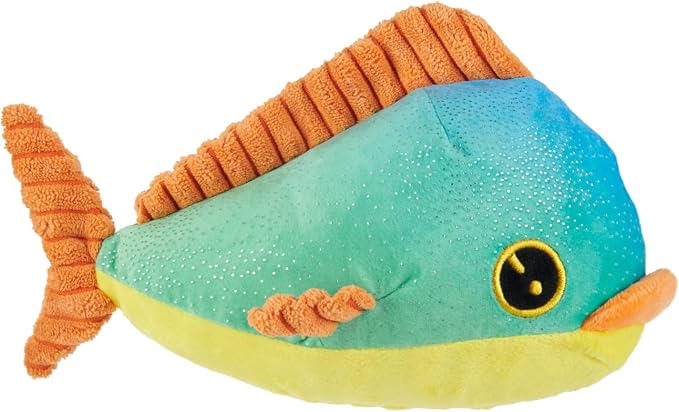 Barkbox Maggie Mahi Dog Toy | Plush Dolphinfish with Whip-N-Flip Fins, Squeaker & Fluffy Filling | Thrash & Squeak Toy for Small to Medium Dogs