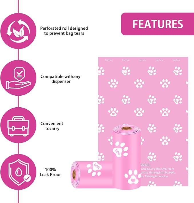 HZDHCLH Poop Bags for Dogs Leak Proof Extra Thick Dog Poop Bags, Pink Cat's Paw 36 Rolls 9" x 13" Lavender Scented Pet Waste Bag, 540 Count
